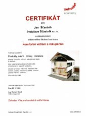 Certifikát pro návrh, prodej a instalaci rekuperace